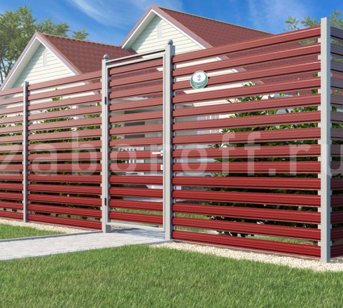 Красный забор из штакетника горизонтальный для частного дома