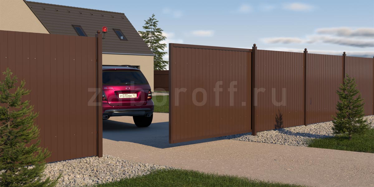 Секционный забор из двухстороннего профнастила с откатными воротами