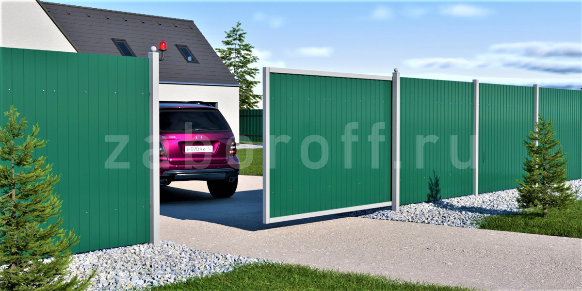 Секционный забор из одностороннего профнастила и откатными воротами недорого