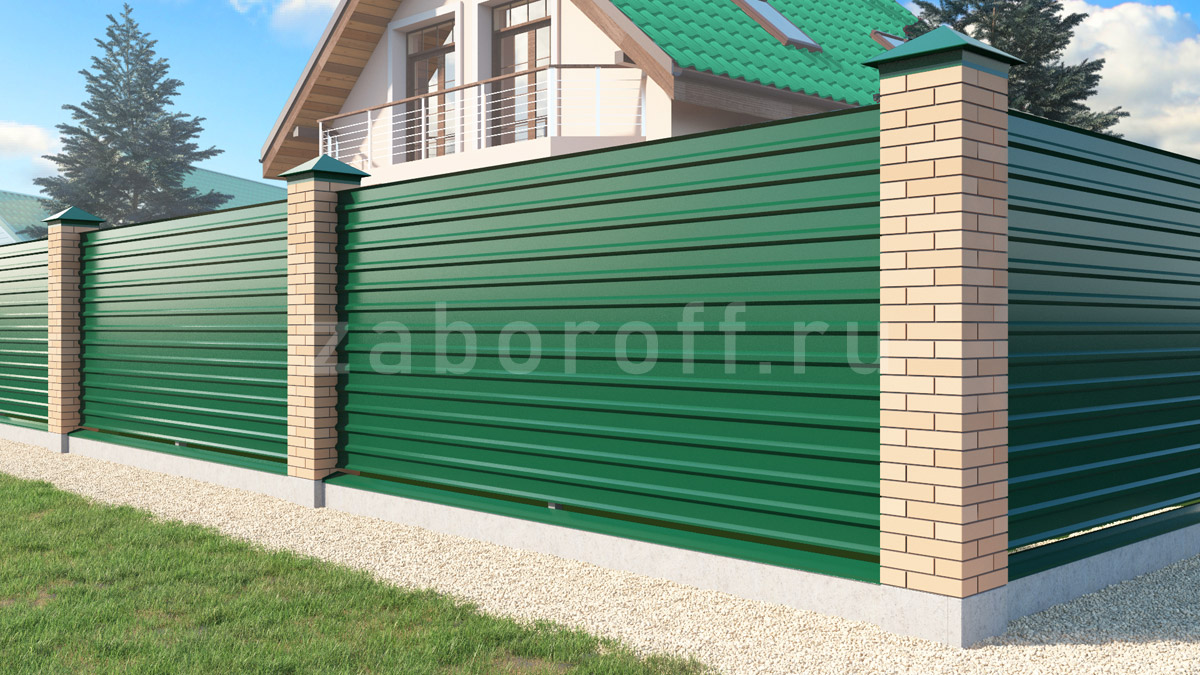 Забор из профнастила горизонтальный с кирпичными столбами красивый