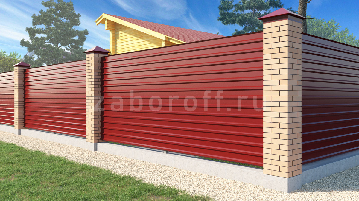 Забор из профнастила горизонтальный с кирпичными столбами