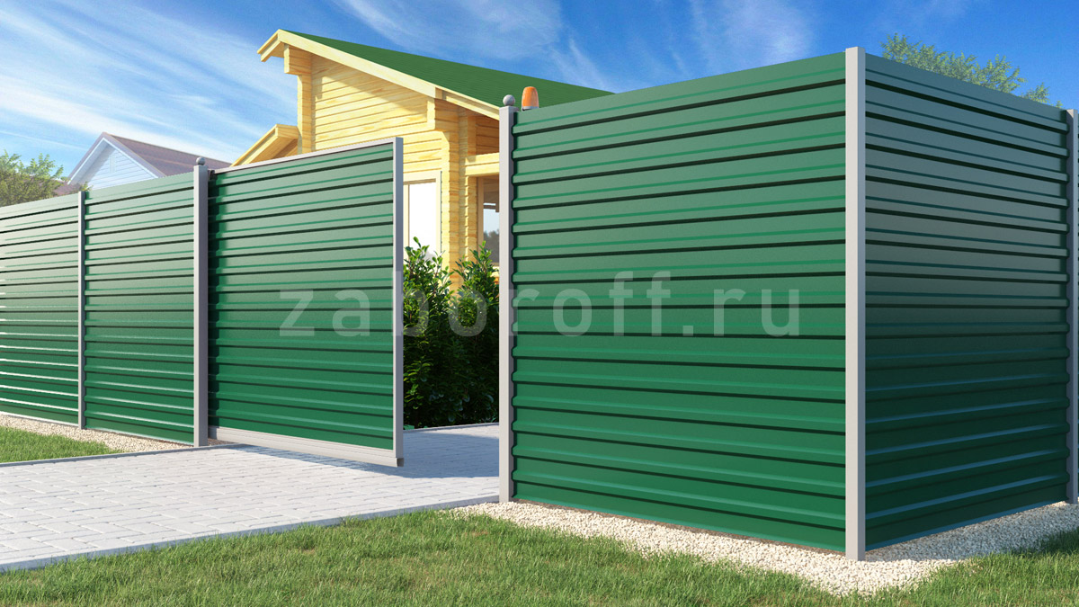 Горизонтальный забор из профнастила с откатными воротами недорогой