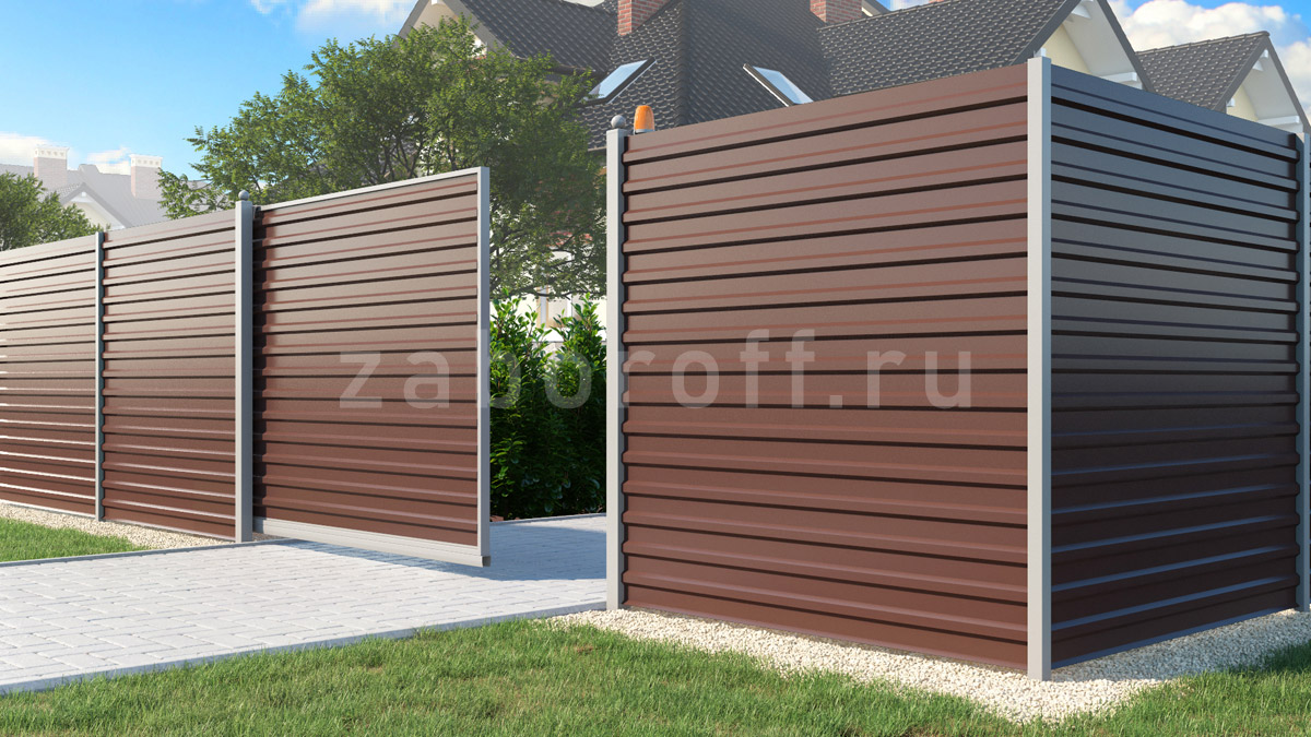 Забор из профнастила горизонтальный в раме с откатными воротами