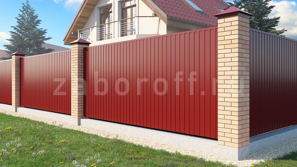 Забор из профнастила с кирпичными столбами