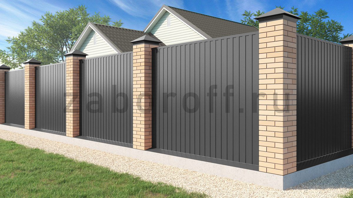 Забор из двухстороннего профнастила с кирпичными столбами с монтажом