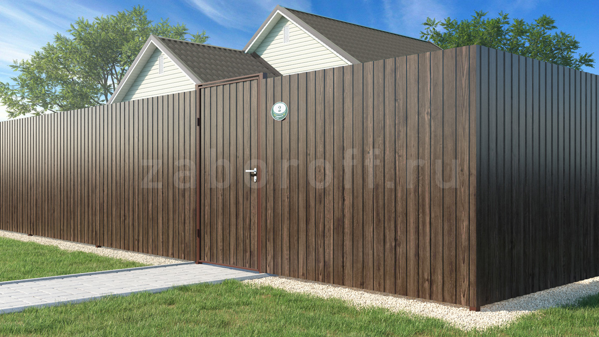 Забор с калиткой из двухстороннего профнастила под дерево