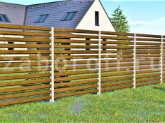 Забор горизонтальный из П-образного евроштакетника под светлое дерево с металлическими столбами Забор горизонтальный из П-образного евроштакетника под светлое дерево с металлическими столбами
