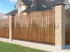 Забор из штакетника на фундаменте под дерево с кирпичными столбами