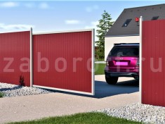 Забор из красного профнастила вишня RAL 3005 с откатными воротами