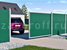 Cекционный забор из зеленого профнастила RAL 6005 с откатными воротами 