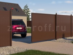 Секционный забор из двухстороннего профнастила коричневый RAL 8017 с откатными воротами