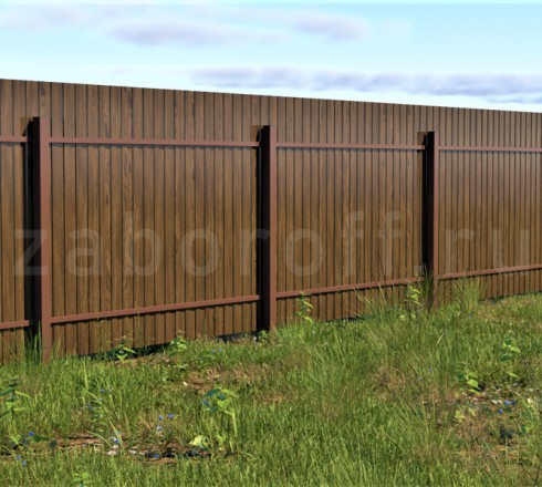 Забор с калиткой из двухстороннего профнастила под дерево