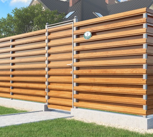 Забор горизонтальный шахматка из евроштакетника под  дерево  двухсторонний