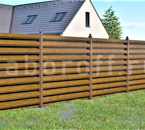 Забор горизонтальный двухсторонняя шахматка из металлического штакетника под дерево с установкой