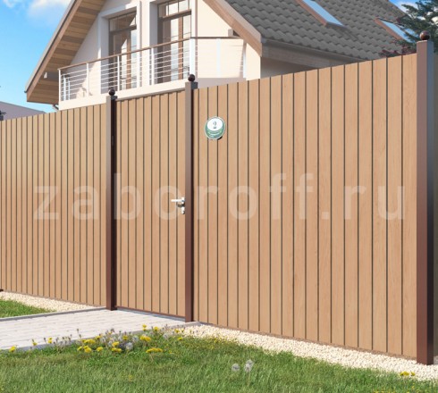 Секционный забор с калиткой из двухстороннего профнастила под дерево