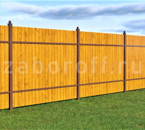 Секционный забор с калиткой из двухстороннего профнастила под дерево