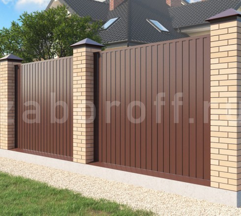 Забор из двухстороннего профнастила с кирпичными столбами с монтажом