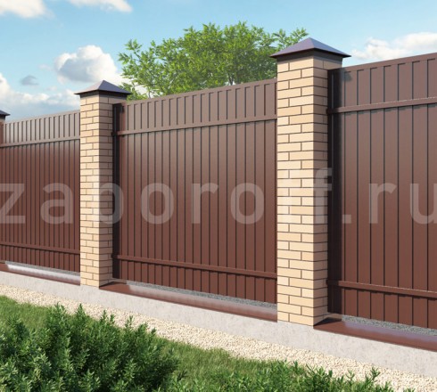 Забор из двухстороннего профнастила с кирпичными столбами с монтажом