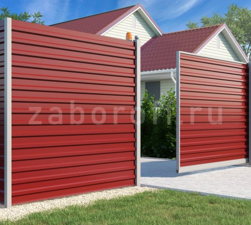 Забор из одностороннего профнастила горизонтальный с откатными воротами