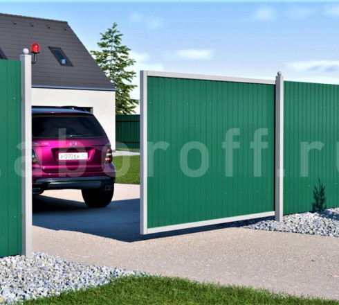 Секционный забор из одностороннего профнастила и откатными воротами недорого