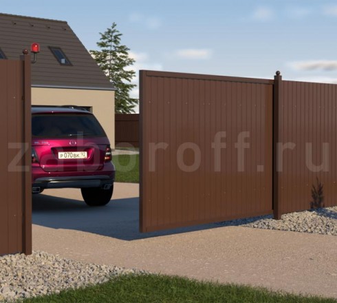 Секционный забор из двухстороннего профнастила с откатными воротами