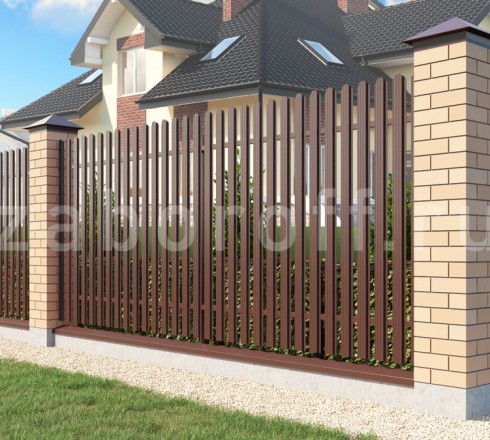 Забор из евроштакетника с кирпичными столбами  ОПТИМА