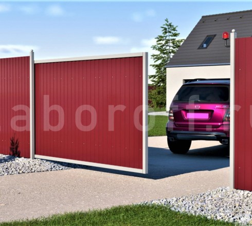 Забор из красного профнастила вишня RAL 3005 с откатными воротами