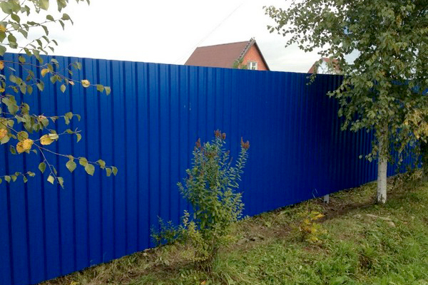 Ровный забор из профнастила вдоль коттеджа